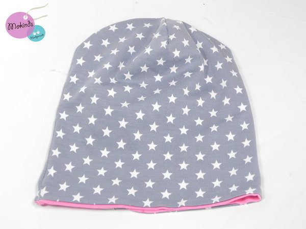 Beanie Mütze Kindermütze Sterne grau rosa mit Halssocke Rundschal